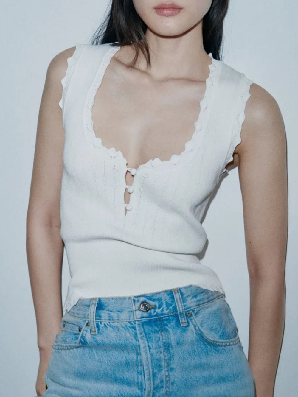 Zara Pointelle knit Sleeveless Scallop-Trim Cottagecore Knit Top White sold out